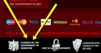 A seal of an online casino licensed in Gibraltar.